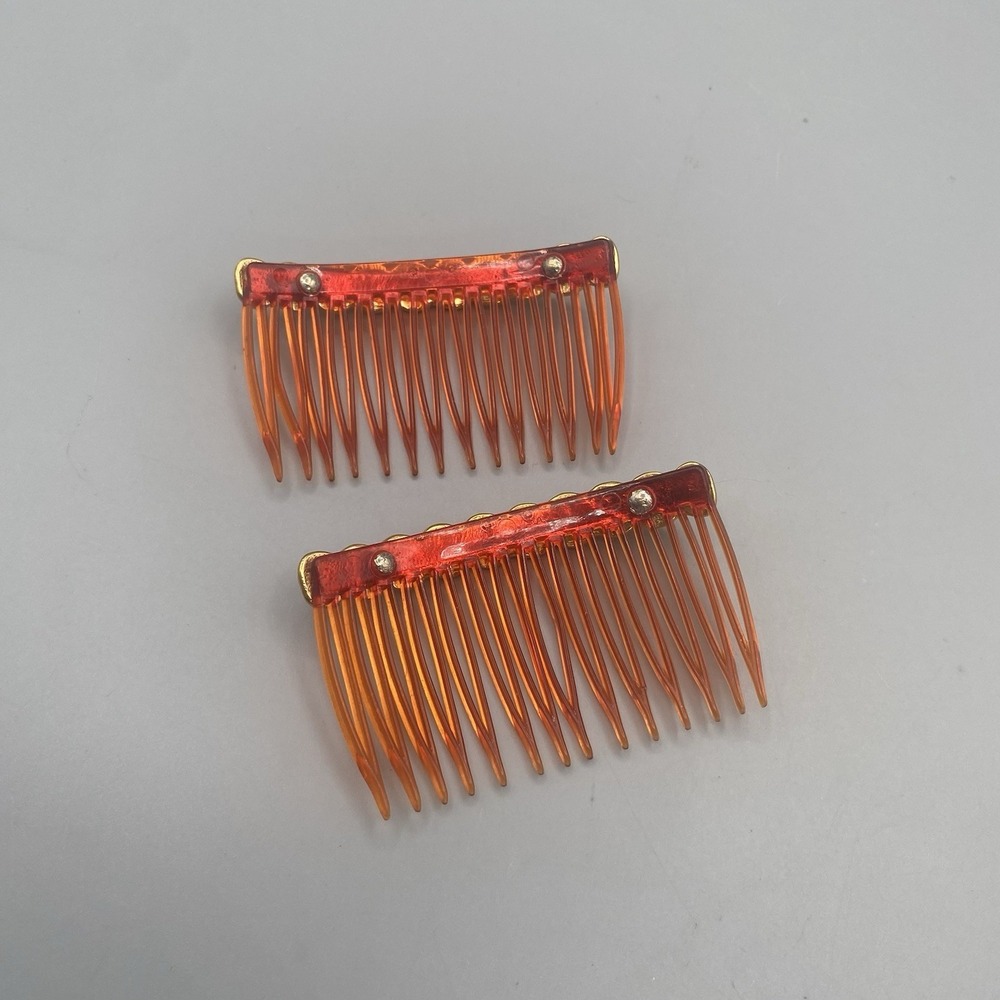 Vintage Plastic Hair Combs Gold Tone Metal Roman Coins Made in USA 2pcs - Picture 5 of 7